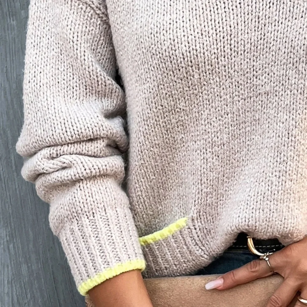 V-Neck Beige Pullover Knit Sweater Yellow Contrast Trim - Picture 7 of 12